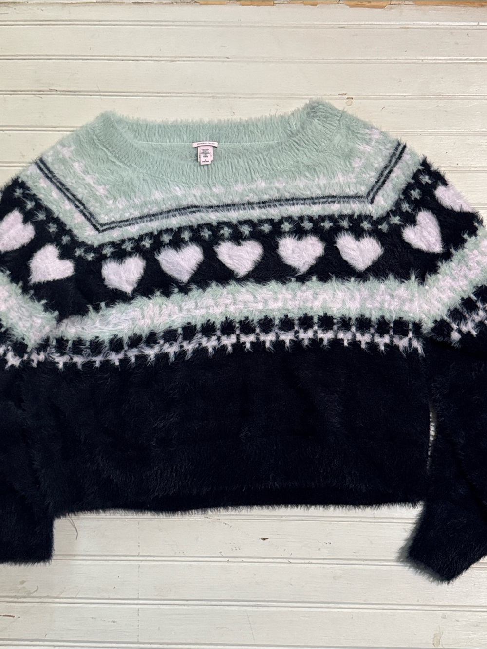 Victorias Secret Sweater Fuzzy Fair Isle Green Heart Womens size medium